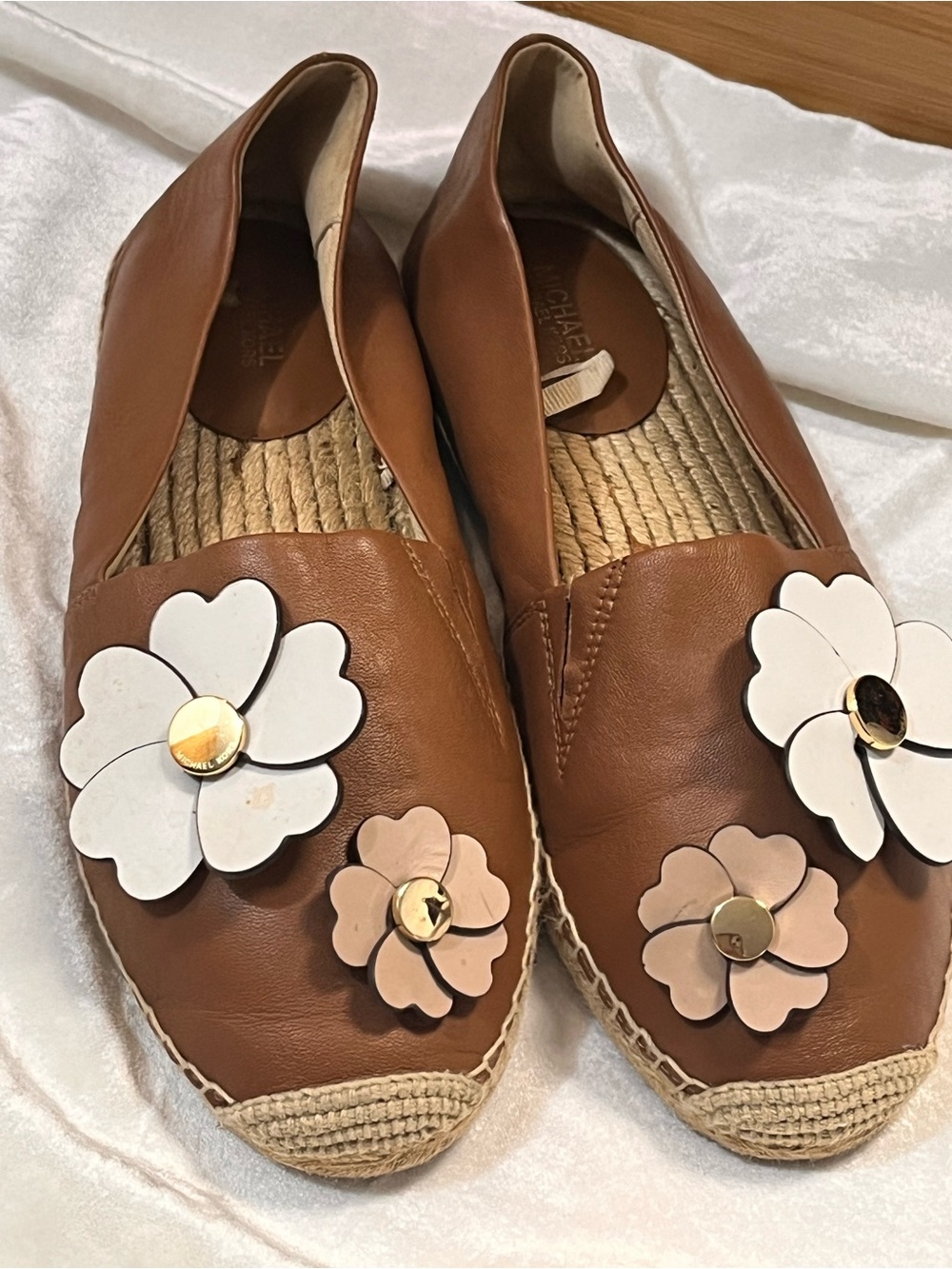 Michael Kors Tan Leather Espadrille Flats with White and Blush Flower Appliqués
